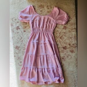 Pink Tiered Puff-Sleeve Flowy Dress